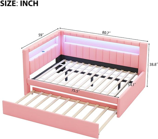 Merax Full Size Modern Upholstered Platform Bed with USB Ports & Trundle Bed, Floor Daybed with Wood Slat Support, Storage Bed Frame with Headboard/Full, Pink
