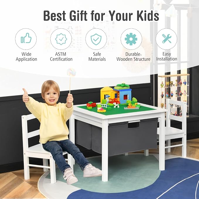 Costzon Kids Table, Children Wooden Activity Table w/Storage Drawers, 2 in 1 Building Block Tabletop for Arts, Crafts, Reading, Preschool, Nursery, Kindergarten, Toddler Table (White)