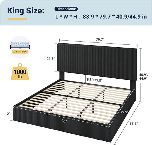Allewie King Bed Frame, Upholstered Platform Bed, Adjustable Vertical Channel Tufted Headboard, Corduroy Fabric, Modern Low Profile, Wooden Slats, No Box Spring Needed, Easy Assembly, Black