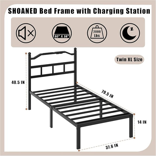 SHOANED Metal Bed Frame with Headboard - 14 Inch Twin XL Size Heavy Duty Bedframe with Charging Station Black Basic Steel Slats Platform No Box Spring Needed/Noise Free