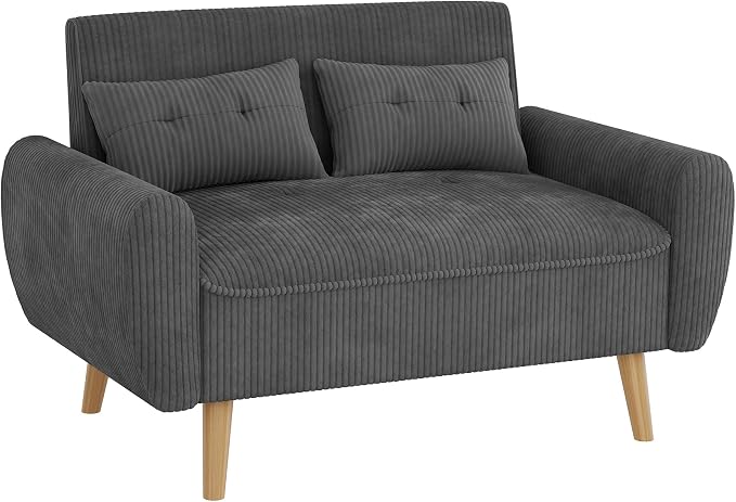 Shintenchi 48'' Loveseat Sofa, Mid-Century Modern Upholstered Couch Deep Seat with 2 Pillows, 10" Thick Cushion with Spring, Solid Wood Frame Small Couch for Living Room, Dorms & Office, Dark Grey
