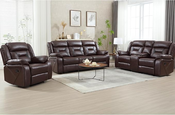 EBELLO Faux Leather Recliner Sofa Furniture Set for Living Room, Recliner Chair, Manual Loveseat, 3 Seat Recliniing Sofa Couch Set for Meeting Room, Dark Brown