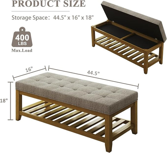 Befurtori Large Rectangular Upholstered Ottoman Bench, Linen Tufted Footrest Ottoman with Solid Wood Shelf Storage Coffee Table for Bedroom Living Room, Gray Linen