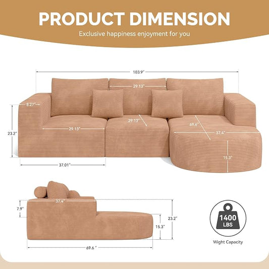 Boneless Couches for Living Room,Cloud Sectional Couch with L-Shape Chaise,Modern Modular Sofa with Deep Seat Upholstered Comfy Couches for Bedroom,No Assembly Required,1PCS