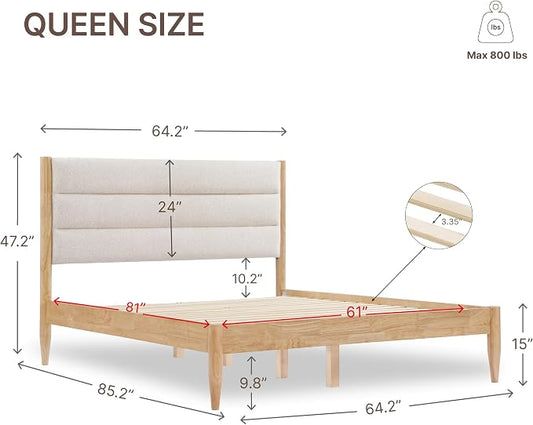 KISLOT Wood Bed Frame with Upholstered Headboard Wooden Platform with Silent Slat Support Mattress Foundation No Box Spring Needed, Easy Assembly