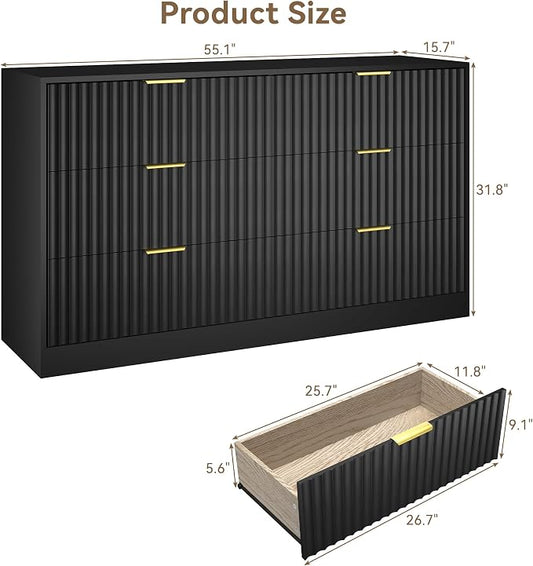 Black 6 Drawer Dresser for Bedroom, 55" Wide Fluted Chest of Drawers with Gold Metal Handles, Wood Dresser Storage Organizer Mid Century TV Stand for Living Room Closet Hallway