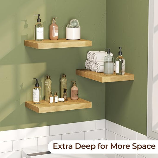 Fun Memories Floating Shelves for Wall 16 Inch Set of 3, Farmhouse Floating Shelves with Invisible Heavy Duty Bracket, 10 Inch Deep Bathroom Shelves for Storage, Living Room, Kitchen, Decor, Oak