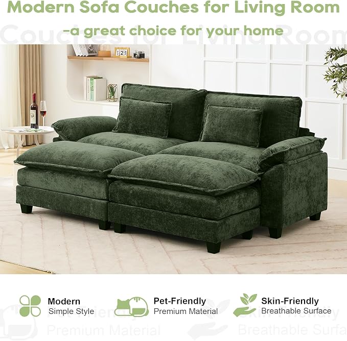 Oprisen 86" Modular Sectional Sofa, Comfy Cloud Couch Sectional Sofa with Ottoman, Chenille Sofa Sleeper Deep Seat Sofa with Throw Pillows for Living Room (Green)