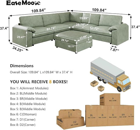 EASE MOOSE Oversized Modular Sectional Couch with Ottoman, Vintage Faux Leather Sectional Sofa with Deep Seat, Scratch Resistant Faux Leather Material, Extra Large L Shaped Couch,Deep Green