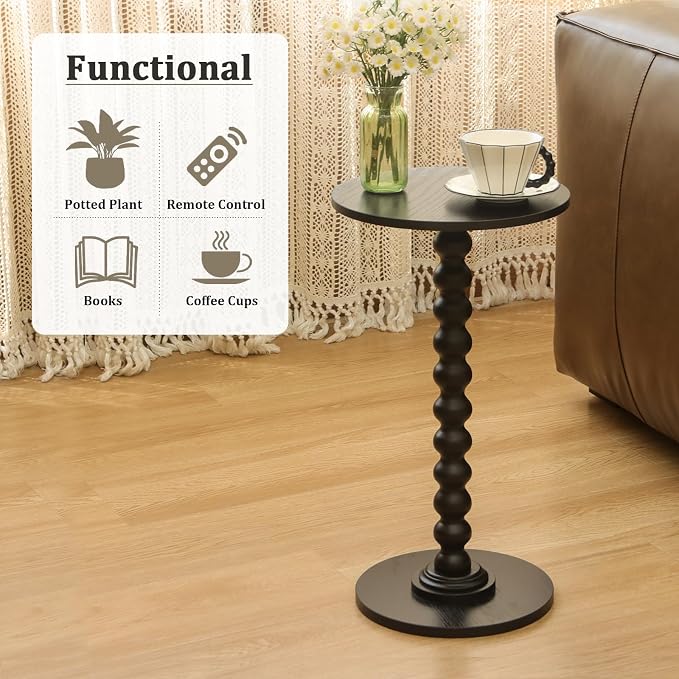 Fultyle Round Side Table, Small Drink Table for Small Spaces, Modern Accent End Table Nightstand with Solid Wood Leg for Living Room, Bedroom, Corners, and Office (Black)