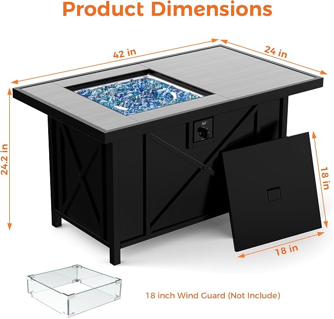 BALI OUTDOORS 42 inch 50,000 BTU Rectangular Propane Gas Fire Pit Table with Fire Glass and Table Lid, Fire Pits Outdoor for Garden, Patio, Backyard