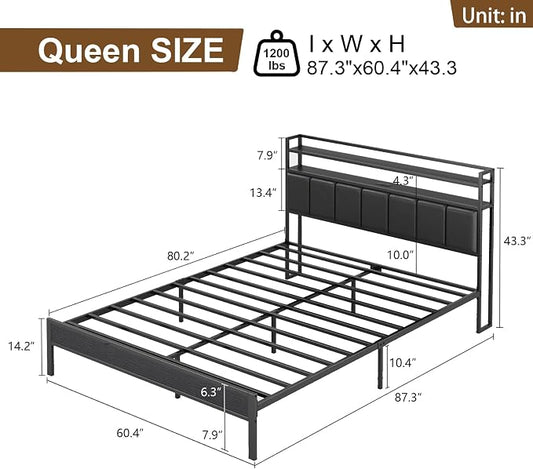 Queen Size Bed Frame with Upholstered Headboard and 2-Tier Storage Shelves | Metal / Charging Station / LED Lights / Under Bed Storage / Non-slip/ Noise Free / No Box Spring Needed / Black