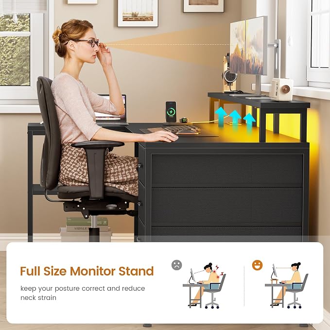 SEDETA L Shaped Desk with 4 Drawers and Storage Shelves, L Shaped Gaming Desk with LED Lights & Power Outlets, Computer Desk with Shelves & Drawer, Corner Desk Home Office Desk, Black