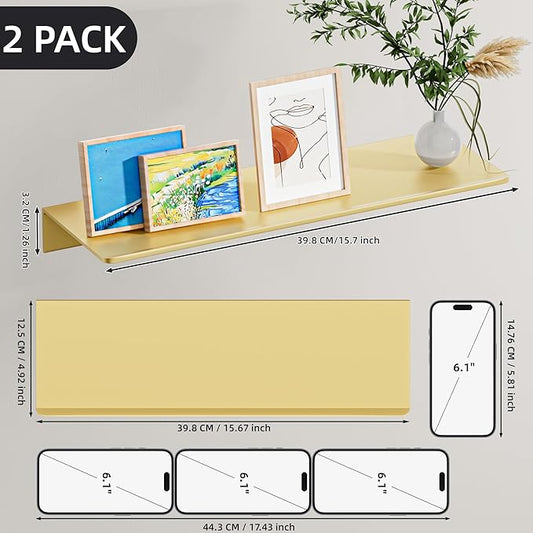 HNVNER Metal Floating Shelves, Set of 2, Brushed Gold Wall Shelves Picture Ledge, Shower Caddy Wall Mounted, Decorative Display Shelf for Bedroom, Living Room, Bathroom, Office