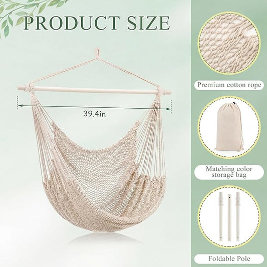 Barydat 2 Pcs Hanging Hammock Chair Boho Swing Chair Outdoor Indoor Comfy Soft Cotton Rope Weaving with 40 Inch Detachable Metal Bars for Backyard Living Room Garden, 270lb Capacity (Beige)