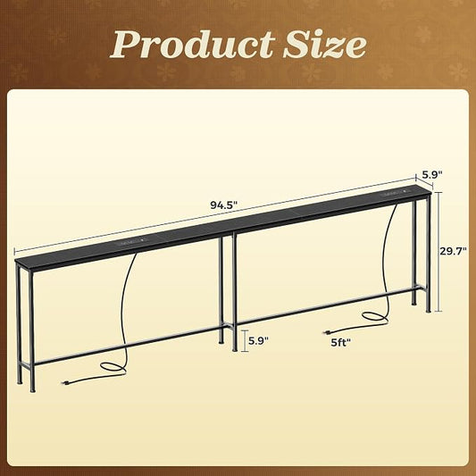 SUPERJARE 94.5 Inch Sofa Table with 2 Power Outlets and USB-C Ports, 5.9 Inch Narrow Console Table with Storage, Extra-Long, for Entryway Hallway Couch Behind Sofa, Small Spaces, Black
