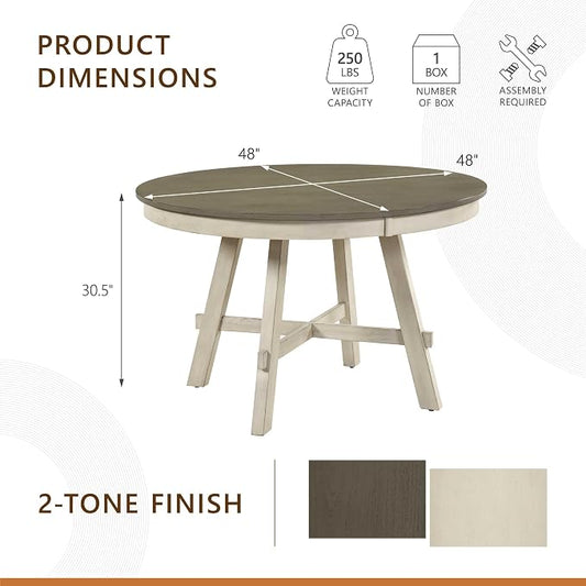 Lexicon 48 Inch Dia. Modern Round Dining Table, Wooden Kitchen Table, Seats for 4 People, Space Saving, for Kitchen, Dining Room, Two-Tone Finish (Greywash and Antique White)