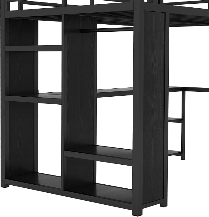 Bellemave Full Size Loft Bed with Desk, Wardrobe, Metal Full Loft Bed Frame for Adults, Kids, Teens, Black