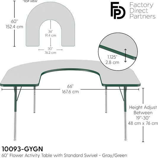 FDP Horseshoe Activity School and Office Table (60 x 66 inch), Standard Legs with Swivel Glides for Collaborative Seating Environments, Adjustable Height 19-30 inches - Gray Top and Green Edge