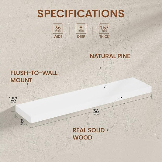 Heimlove Wooden Floating Shelves for Wall, White Pine Shelves Set of 2, 36 in Rustic Wood 8 Inch Deep Floating Shelf with Invisible Brackets for Bedroom Kitchen Living Room - Classic White