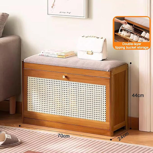 Entryway Storage Bench with Cushioned Seat Shoe Rack, 2-Tier Wooden Shoe Organizer Cabinet for Closet, Entryway, Hallway, Bedroom