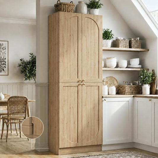 Cyclysio 80" Kitchen Pantry, Extra Tall Arch Storage Cabinet with 4 Soft Close Doors and Adjustable Shelves, Freestanding Wood Cupboard with Seamless Fit Wall for Dining Living Room Bathroom Furniture
