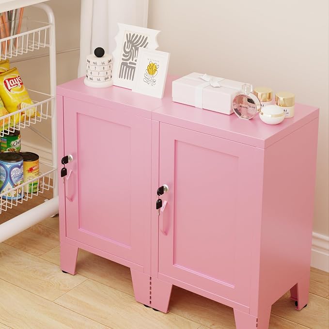 ALBAD Metal Nightstand with Lockable Cabinet, Compact Mini Locker Bedside Table for Kids & Adults, Modern Steel Side Table for Bedroom, Dorm, or Living Room (Pink)