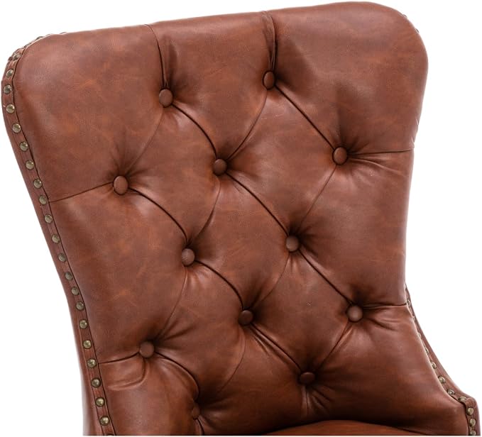 EALSON Modern Dining Chairs Set of 6 Mid Century Leather Dining Room Chairs with Wood Legs Tufted Upholstered Kitchen Side Chairs with Nail Head Trim for Dining Room/Living Room, Brown with Ring