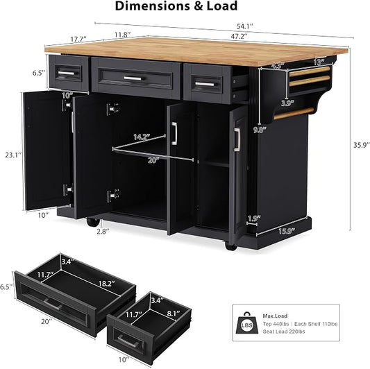 Large Kitchen Island with Rubber Wood Drop Leaf, Rolling Kitchen Cart with Ample Storage on Wheels with Doors and Drawers, Embossed Texture for Dining Room (Black, Silver Handle, 54Inch)