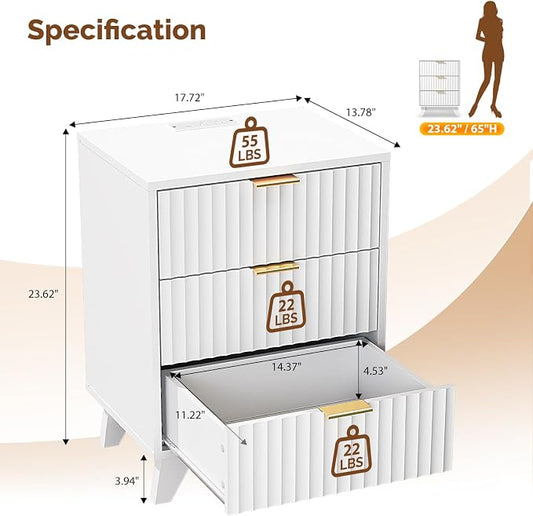 VINGLI White Nightstands Set of 2 with Charging Station, Fluted White Night Stand Bedside Table with Drawers for Bedroom, Fluted Bedside Table/End Table/Side Table, 17.72" W*13.78" D*23.62" H, 2 pcs