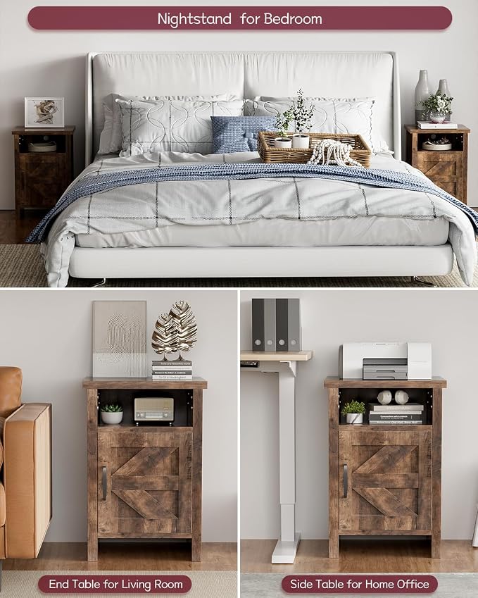 YESHOMY Farmhouse Modern Nightstand with Shelf and Barn Door, Set of 1 for Bedroom, Brown