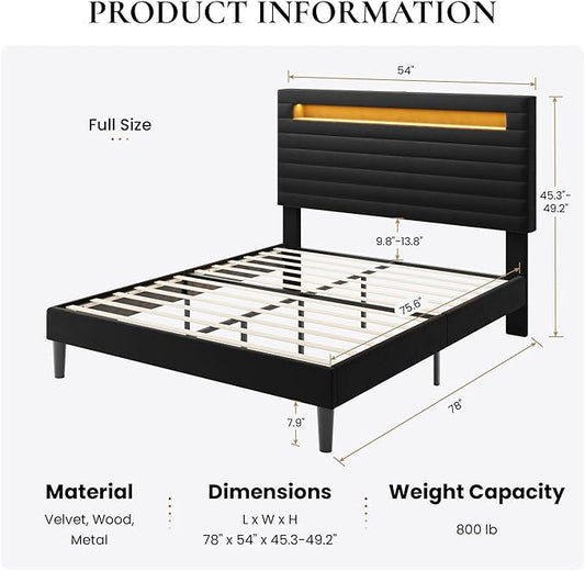 SHA CERLIN Full Bed Frame with LED Light & 2-Tier Storage Shelf, Velvet Upholstered Adjustable Headboard with Charing Station, Horizontal Channel Tufted, No Box Spring Needed, Easy Assembly, Black