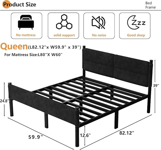 Metal Bed Frame,14Inch Queen Size Bed Frame with Storage Space,Heavy Duty Sturdy Mattress Foundation,Easy Assembly,No Box Spring Needed,Black Queen