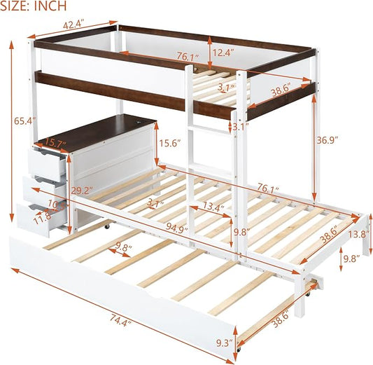 Harper & Bright Designs Twin Over Twin Bunk Bed Twin Size Trundle, Wood Twin Bunk Bed with USB Ports, Storage and Desk, White+Walnut