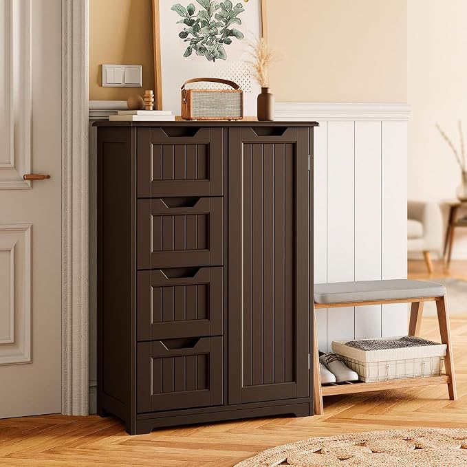 Gizoon Small Kitchen Pantry with Door and Shelves, 33'' Pantry Storage Cabinet Freestanding Wooden Bathroom Storage Cabinet with 4 Drawers for Kitchen and Dining Room, Dark Brown, Painted