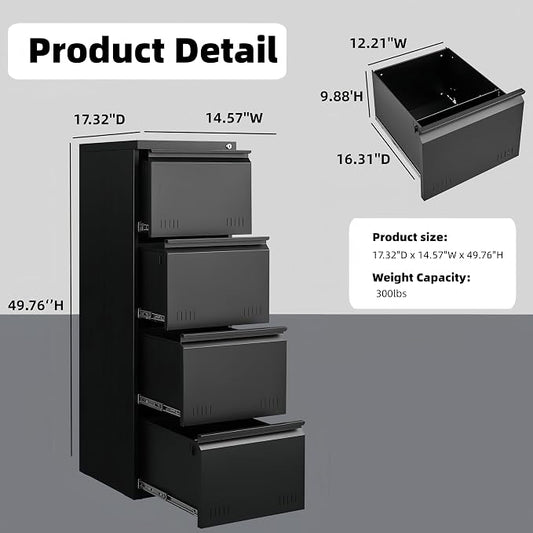 Approgreent Vertical 4 Drawer File Cabient with Lock, Metal Filing Cabinets for Home Office, Heavty Duty Office Storage Cabinet for A4/Letter/Legal (Matte Black)
