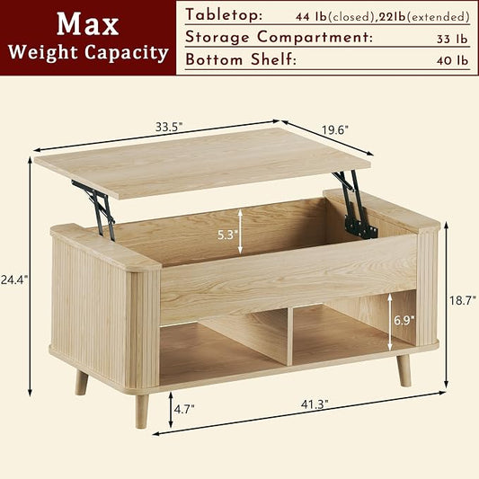 Lift Top Coffee Table with Storage, 41" Mid Century Modern Coffee Table with Fluted & Curved Profile Design, Hidden Storage Compartment, Lower Shelf Center Table for Living Room Office, Oak