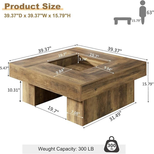 LVB Coffee Table, Modern Wood Led Living Room Table with Storage, Farmhouse Large Square Center Table with LED Light, Unique Wide Low Tea Table for Living Room Home Office, 39.37 Inch, Rustic Oak