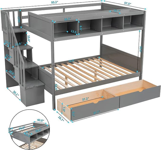 MERITLINE Twin Over Full Bunk Bed with Stairs, Storage Shelves and Drawers, Solid Wood Bunk Bed Frame with Storage, for Teens Adults (Grey)