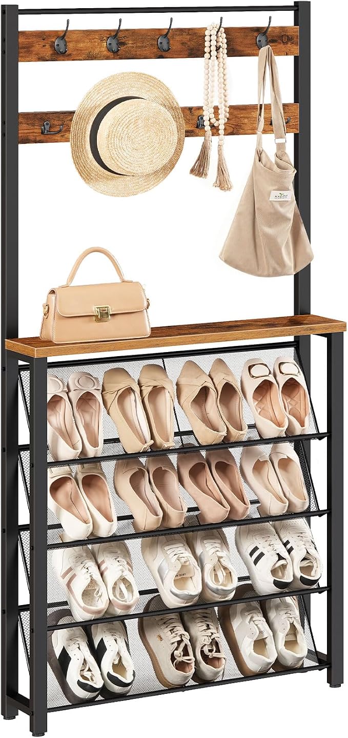 HOOBRO Hall Tree with Bench, Narrow Shoe Rack with Coat Rack, Coat Rack with Shoe Storage, 5 Tier Slanted Shoe Storage Organizer, Coat and Shoe Rack Entryway, Slim Hall Tree, Rustic Brown BF20MT01