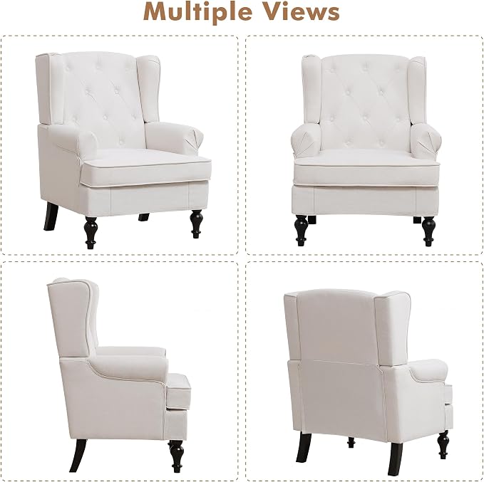 Accent Chair for Living Room, Mid Century Modern Upholstered Armchair, Wingback Chair with Tufted High Back and Solid Legs, Comfy Side Chairs Single Sofa for Bedroom, Beige