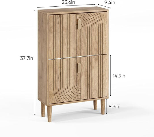 Shoe Cabinet Storage for Entryway with 2 Flip Drawers, Narrow Shoe Cabinet for Entryway, Hidden Slim Shoe Organizer Rack Cabinet (Natural, 23.6" W)