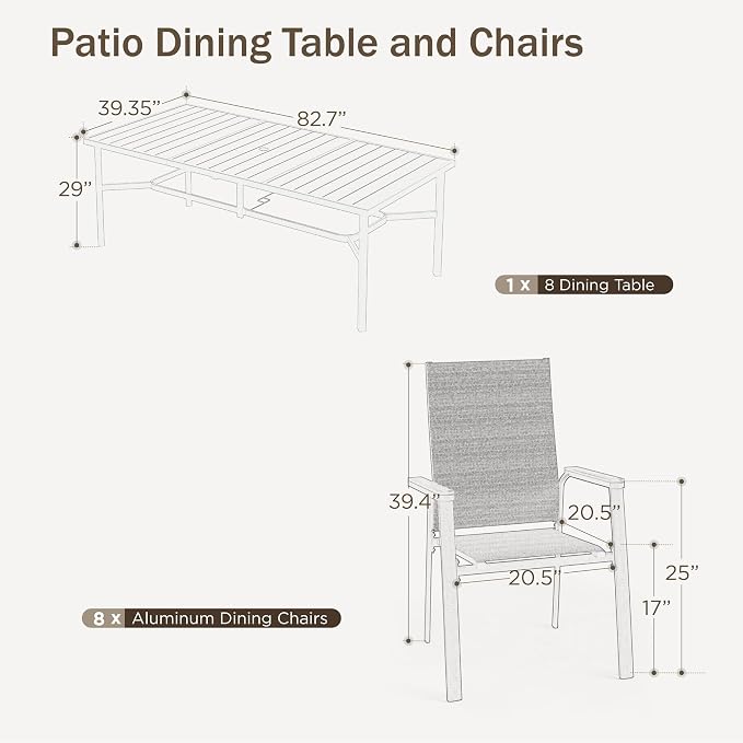 PHI VILLA 9 PCS Patio Dining Set, Aluminum Outdoor Furniture, Patio Table and Chairs for 8, Lightweight Stackable Chairs with Breathable Fabric and Extended Metal Table for Garden Yard Deck, Blue