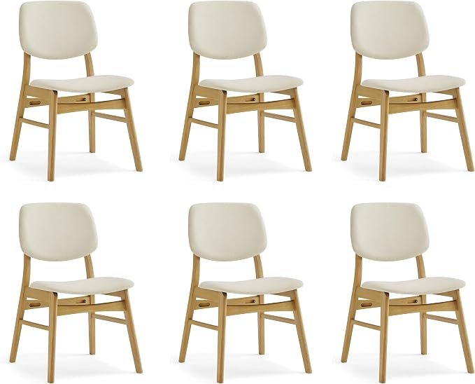 KISLOT Wooden Dining Chairs Set of 6, Upholstered Modern Dining Room Chairs, Mid Century Solid Oak Wood Kitchen Chairs for Farmhouse, Restaurant, Café (Cream Fabric & Original Color)