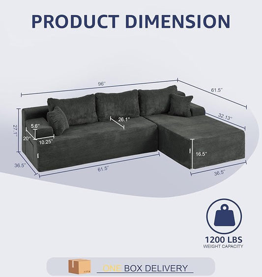 Hobestluk Modular Sectional Sofa Couches L-Shape Couch 3 Seat Modular Sofa Memory Foam Sectional Couches for Living Room, Cloud Couch with Oversized Chaise (Grey Corduroy, 96", Right Hand Facing)
