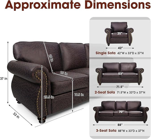 Couchus Living Room Furniture Sets,Sofa Sets and Couch Sets for Living Room,Mid-Century Vintage Sofa Couches with Rivet Design (Brown, Single+Loveseat+3 Seater)