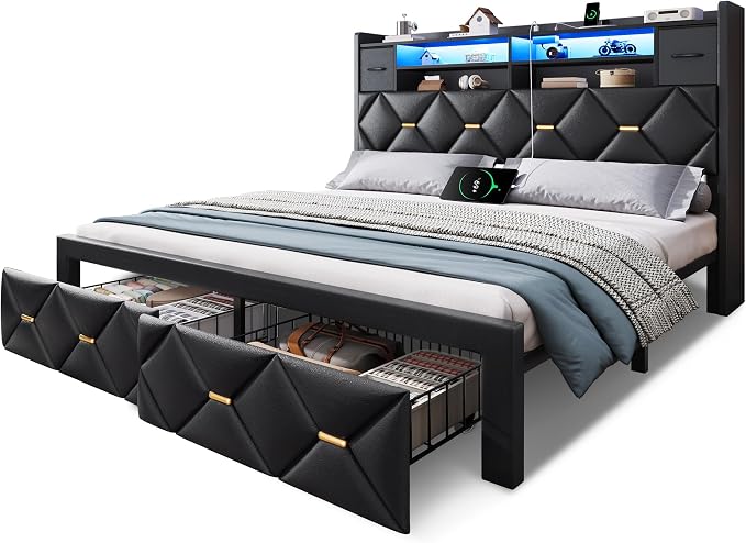 DWVO Queen Size Bed Frame with 2 Storage Drawers and Storage Headboard, Upholstered Platform with Charging Station and LED Light, No Box Spring Needed, Noise Free, Easy Assembly, PU Leather Black