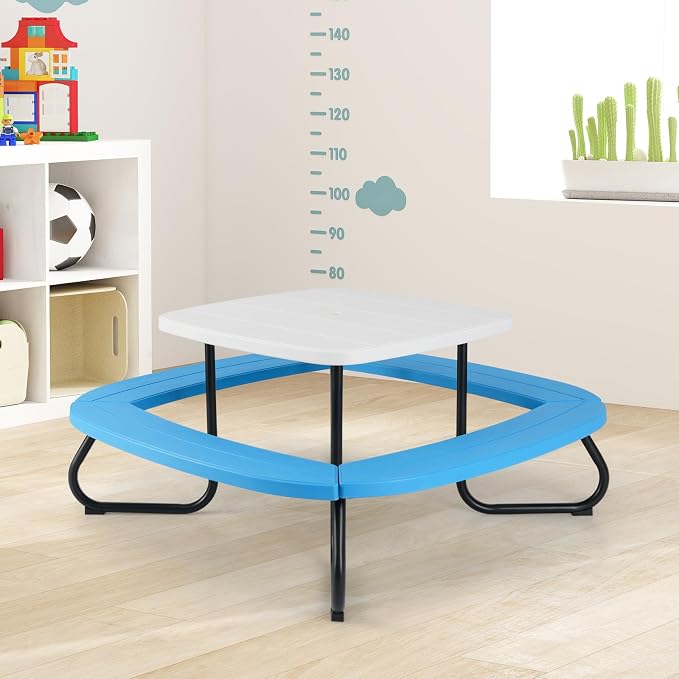 KOTEK 8-Person Kids Picnic Table, Toddler Activity Table with Removable Umbrella, 4 Built-in Benches, HDPE Top & Metal Frame, Kids Outdoor Table for Patio Garden Backyard (White+Blue)