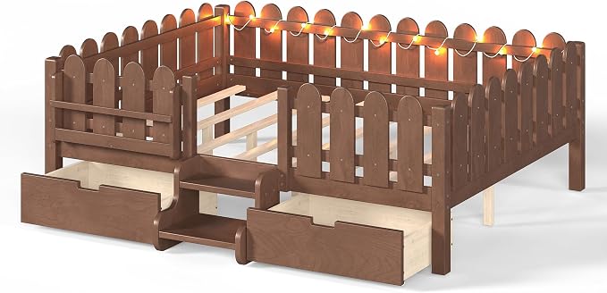Bellemave Queen Kids Montessori Bed with Stairs, Bookshelf and LED Lights, Solid Wood Kids Bed Frame with Storage Drawers for Boys Girls, Low Profile,Deep Natural