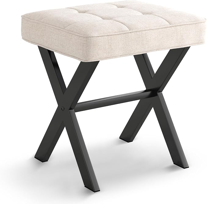 LUE BONA Ottoman Foot Stool Vanity Stool, Square Linen X-Leg Foot Rest Ottoman Makeup Stool, Small Stool Chair for Vanity, Modern Padded Vanity Seat for Makeup Room, Living Room, Bathroom, Linen Color
